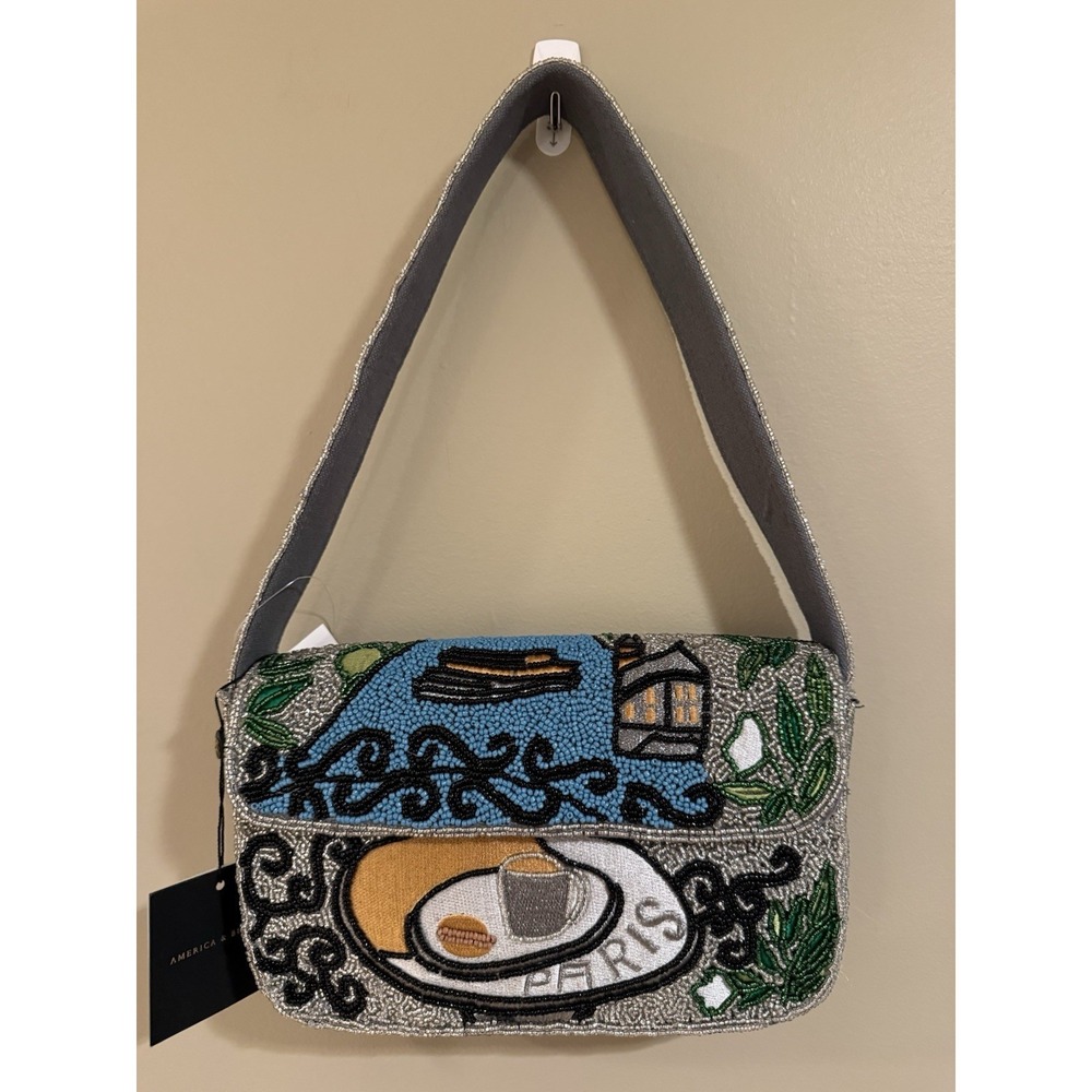 America and Beyond‎ Handmade Paris France  Shoulder Bag Beaded Bus  Blue White